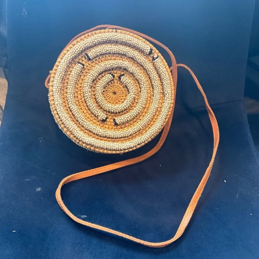 MadebyWave Viktoria Bakir Round Rattan Seed Bead Leather Resort Shoulder Bag